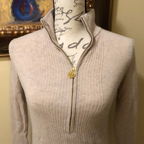 💛 Tory Burch soft wool cashmere blend ribbed partial zipper logo pull tunic - Picture 2 of 12